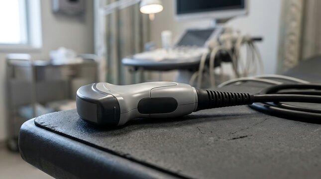 Ultrasound transducer probe lying on a medical examination table