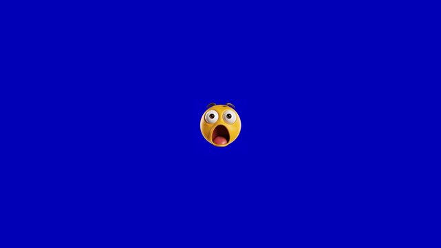 Three identical surprised yellow emojis floating horizontally against a vibrant solid blue background with mouths expressing intense spherical emojis wide video displays three