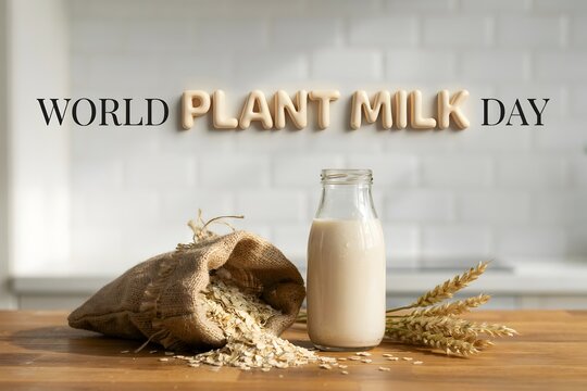 World plant milk day concept with oat milk bottle alternative breakfast