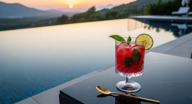 Refreshing red cocktail by infinity pool at sunset
