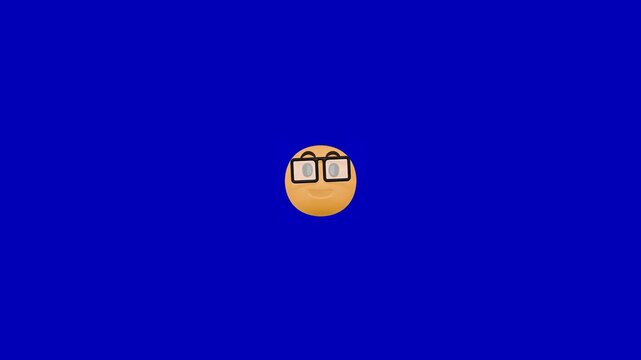 Three smiling nerd emojis floating across a solid vibrant blue background screen motion graphic with slowly drifting horizontally background smooth continuous intellectual smart