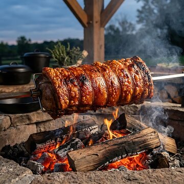Delicious pork meat roasting on a metal rotisserie spit over a hot wood burning outdoor fire pit. fire-cooked pork