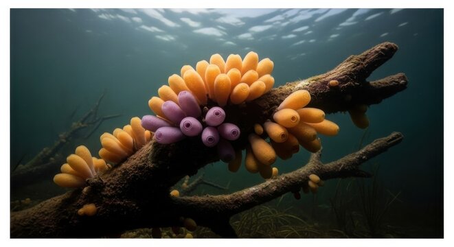 Spongy Sea Tunicates Clustered on Submerged Branch