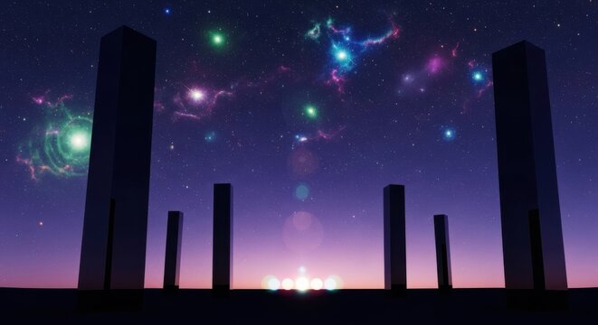 Dark monoliths stand against a vibrant nebula sky