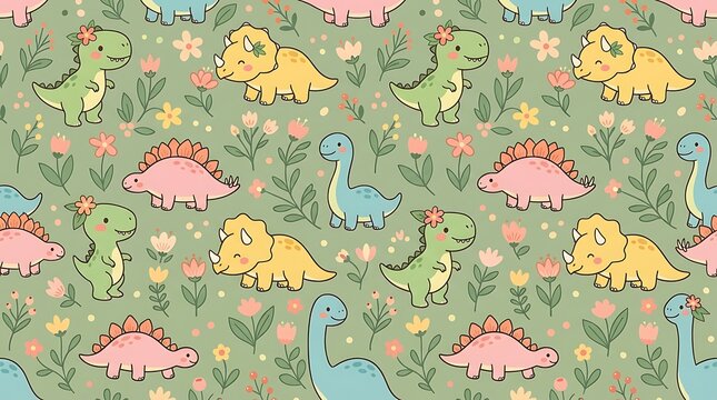 Cute cartoon dinosaurs and flowers seamless pattern in pastel colors