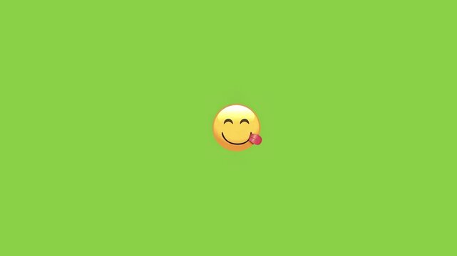 Three playful yellow smiley faces floating across a solid vibrant green background pattern design with moving horizontally across emojis tongues sticking video displays three