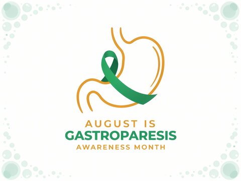 August is Gastroparesis Awareness Month design featuring an outline of the human stomach and a green ribbon sign