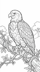 Fototapeta premium Majestic Bald Eagle Perched on a Thick Branch with Intertwining Vines and Acorns, Detailed Line Art Illustration for Coloring Pages, Nature Scene with Trees in Background