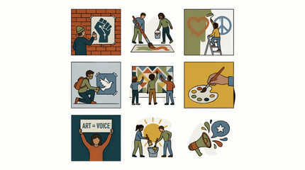 Vector Illustration Icon Sheet: Diverse People Creating Art for Social Change and Expression, Graffiti, Murals, and Signs © Rengga Entertainment