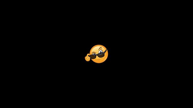 Cool smiling emoji winking and gesturing against black background with white borders with wearing sunglasses gesturing video yellow emoji gesturing hand face wearing expression