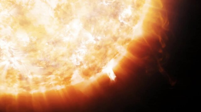 Solar activity emission animation showing intense coronal prominences and plasma blazes on sun surface in 4K Ultra HD footage.
