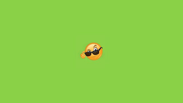 Cool smiley faces with sunglasses gesturing hand signals against a solid green background with sunglasses making listening identical animated yellow wearing black sunglasses fun