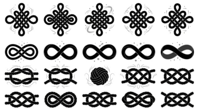 Set of black and white infinity symbols and mystical knot icons with nautical rope elements on a plain background, Symbolizing eternal connection and representing creative logo design
