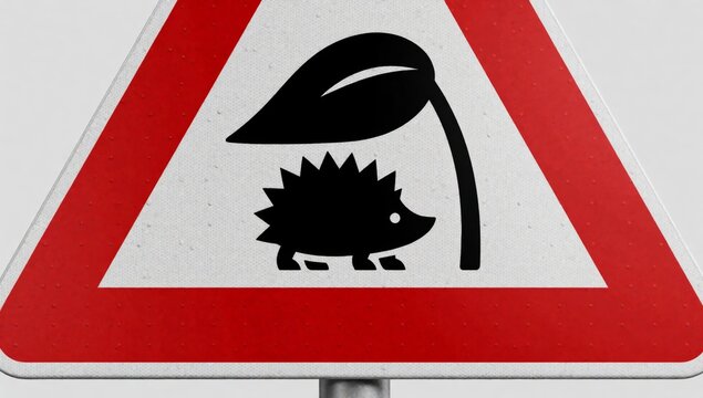 Triangular road sign red white background attached pole has black border center there silhouette hedgehog spik
