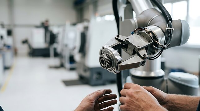 Robotic arm holding metal gear in modern factory with human hands
