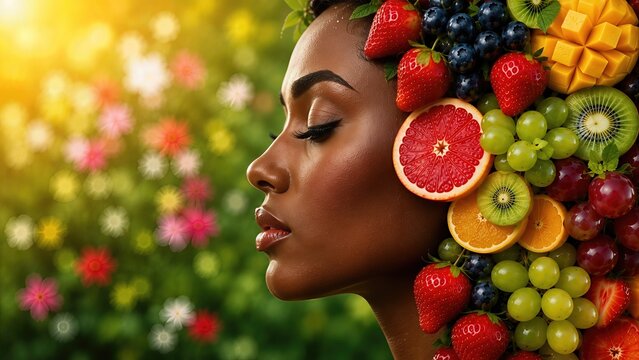 Beautiful Woman Profile with Smooth Flawless Skin and Creative Hairstyle Made of Fresh Fruits on Soft Blurred Garden Background