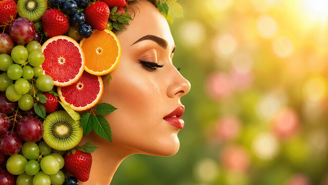 Beautiful Woman Profile with Smooth Flawless Skin and Creative Hairstyle Made of Fresh Fruits on Soft Blurred Garden Background