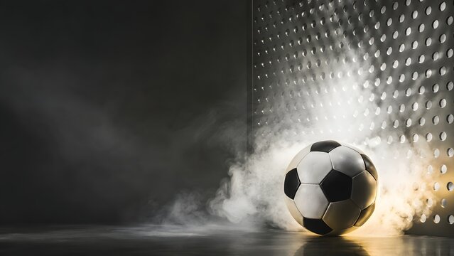 sports football beside a perforated steel baffle with realistic studio fog airflow and dramatic copy space

