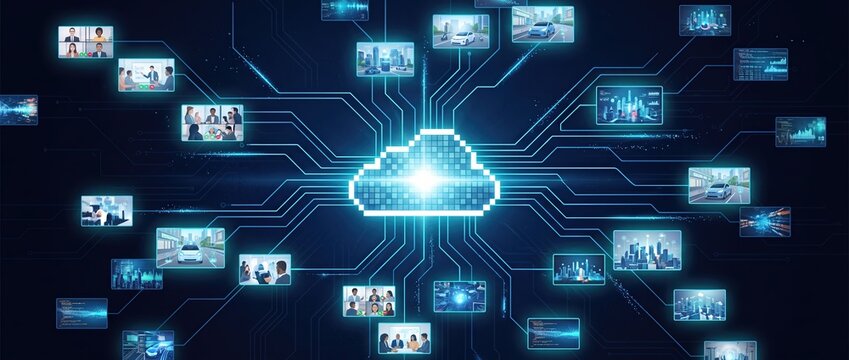 Digital cloud network with multiple screens displaying business images data connections and modern technology visuals representing cloud computing and connectivity