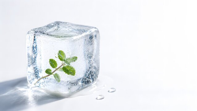 Fresh Mint Frozen Inside a Crystal Clear Ice Cube on White Background
透明な氷の中に閉じ込められたフレッシュミント