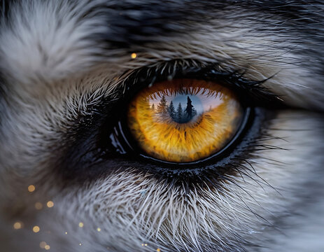 Extreme Close-Up of Gray Wolf Eye with Forest Reflection, Hyper Realistic Macro Wildlife Portrait