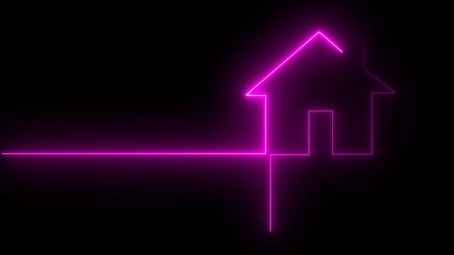 Glowing neon home icon animation. house building Glowing Neon Home Icon property apartment animated. illuminated on dark background.