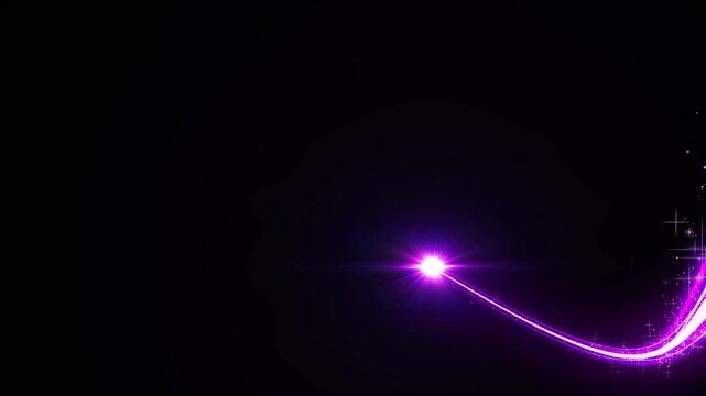 紫色に輝く光、光の線、奥へと進む光、きらめく粒子