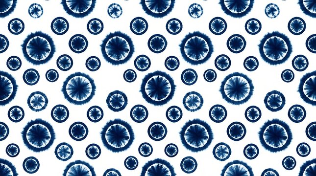 Blue indigo shibori tie dye seamless pattern with circular motifs