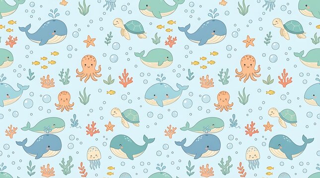 Cute seamless underwater pattern with whales and sea creatures