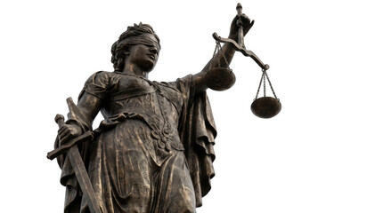 Bronze statue of Lady Justice holding scales and sword against sky concept for law and order Isolated on transparent background © Rakib