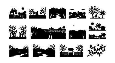 Obraz premium Rural Landscape Silhouettes, Countryside Scenes Vector Set, Nature Elements Collection