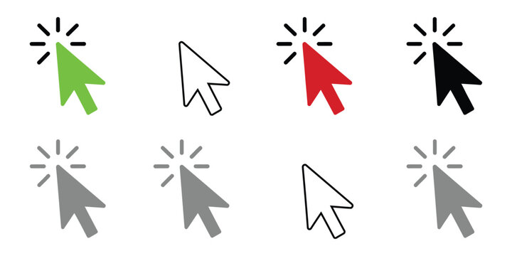 Computer mouse cursor with clicking and selection symbols for interface navigation, digital interaction, web design, and technology.
