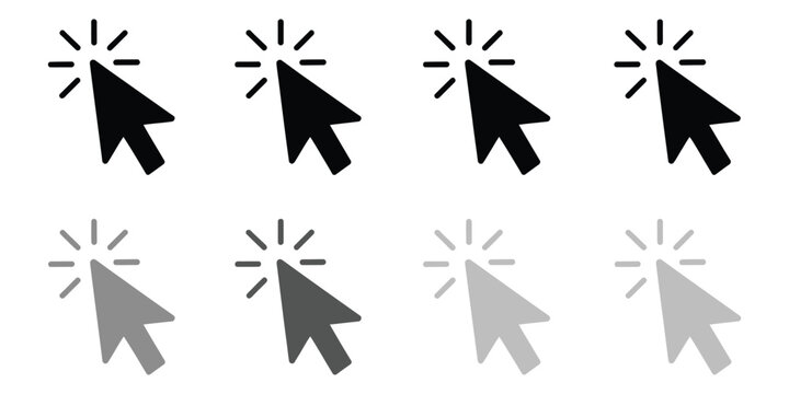 Computer mouse cursor with clicking and selection symbols for interface navigation, digital interaction, web design, and technology.