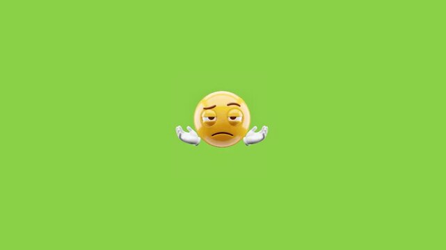 Three identical unconcerned yellow emojis shrugging shoulders repeated across bright green background surface with bored expression shrugging video displays horizontal dismissive