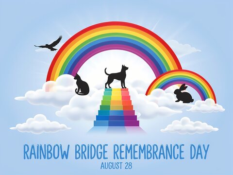 Rainbow Bridge Remembrance Day graphic design featuring pet silhouettes on a rainbow staircase in the sky