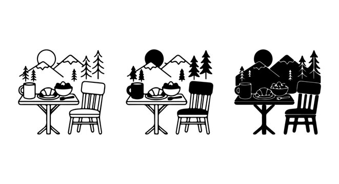 Outdoor Dining Scene Vector Set, Mountain Landscape Breakfast Icons, Cozy Cafe Ambiance Illustrations