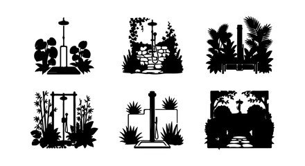 Fototapeta premium Outdoor Shower Silhouettes, Garden Elements, Tropical Plants, Stone Wall, Minimalist Vector Art