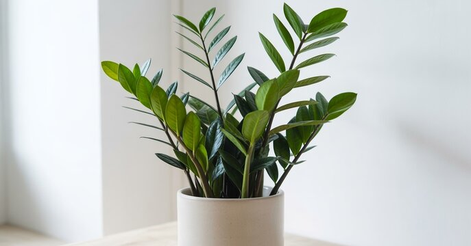 Elegant zz plant in a minimalist ceramic pot bright indoor lighting modern home decor accent