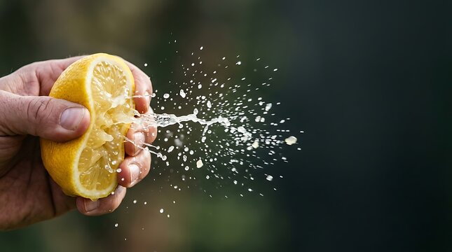 Hand squeezing a fresh yellow lemon with juice splash