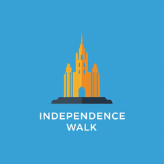 Fototapeta premium Yellow monument illustration with towers on a black base, blue background, white text reading 'INDEPENDENCE WALK' below the structure, centered layout.