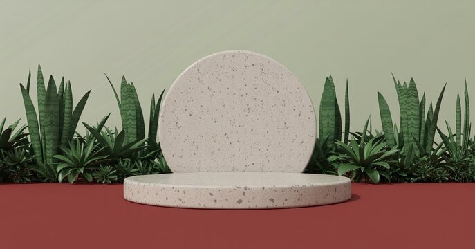 Minimalist product display stage with sansevieria plants ideal for cosmetic or jewelry showcase