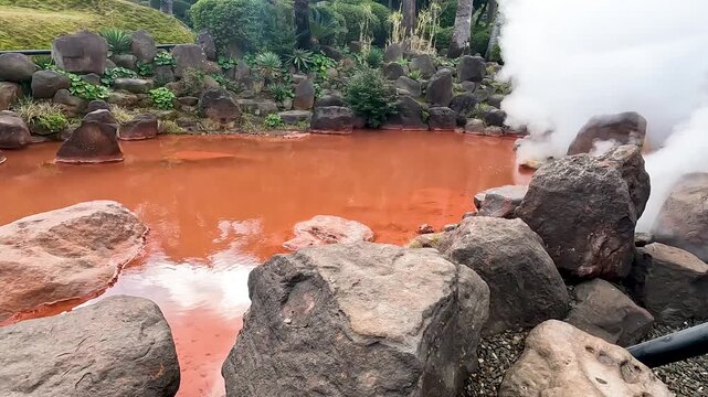 Landscape Umi Jigoku is largest among the Beppu Jigoku hot springs. The beautiful cobalt blue color is due to iron sulphate in the hot spring water Beppu Oita Japan - Smoke Footage Nature 