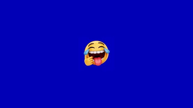 Repeating laughing emojis with tears of joy expression floating across solid blue background with horizontally across vibrant displays series yellow emojis tongues out amusement