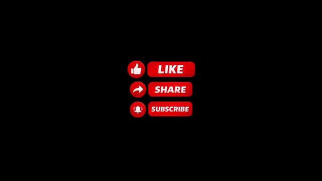 Digital red social media engagement buttons featuring like share and subscribe icons against black background with subscribing arranged horizontally interaction buttons with online