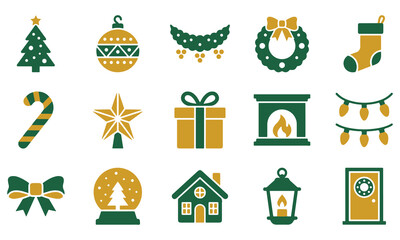 Fototapeta premium Set of christmas icons including tree, ornament, wreath, stocking, candy cane, star, gift, fireplace, lights, bow, snow globe, house, lantern, and door