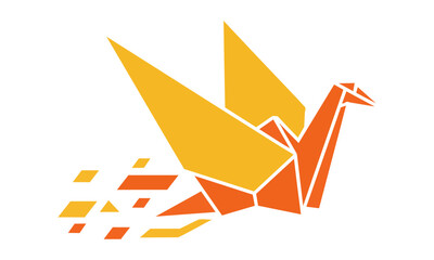 Naklejka premium Stylized origami crane in flight with minimalist geometric motion lines in vibrant yellow and golden orange isolated on a white background, creative design concept