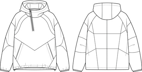 Anorak hooded jacket fashion flat sketch technical color block windbreaker design template front back view vector illustration © Dannjay