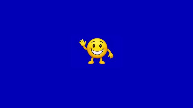 Three animated yellow smiley characters waving happily against a vibrant blue background with displaying happy expressions characters limbs moving video three friendliness loop