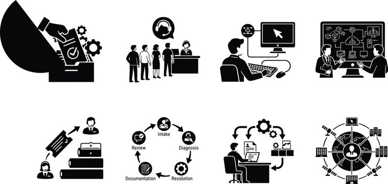 Customer support helpdesk ticketing system workflow optimization and global service desk management vector icon set