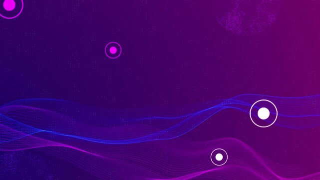 Purple digital wave background flowing blue lines, circle nodes, dotted map texture, modern tech . data abstract presentations, software promos, network visuals, AI intros, dynamic motion overlays.